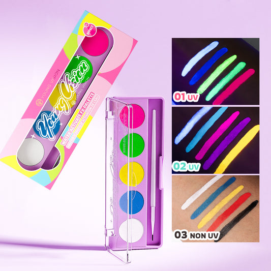 Water-Activated Face & Body Paint Palette Set – Neon Fluorescent, Glow Under UV and Blacklight, FX Makeup for Face Painting, Blacklight Glow, Eyeliner, and Body Art