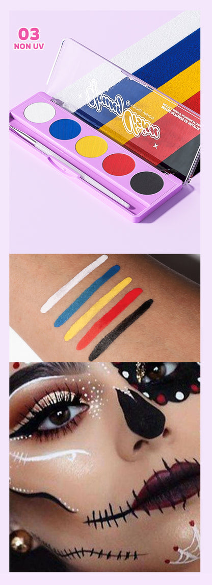 Water-Activated Face & Body Paint Palette Set – Neon Fluorescent, Glow Under UV and Blacklight, FX Makeup for Face Painting, Blacklight Glow, Eyeliner, and Body Art