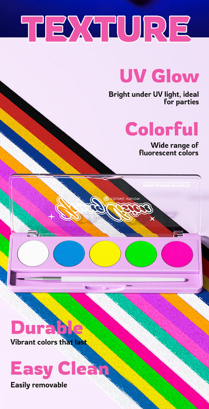 Water-Activated Face & Body Paint Palette Set – Neon Fluorescent, Glow Under UV and Blacklight, FX Makeup for Face Painting, Blacklight Glow, Eyeliner, and Body Art