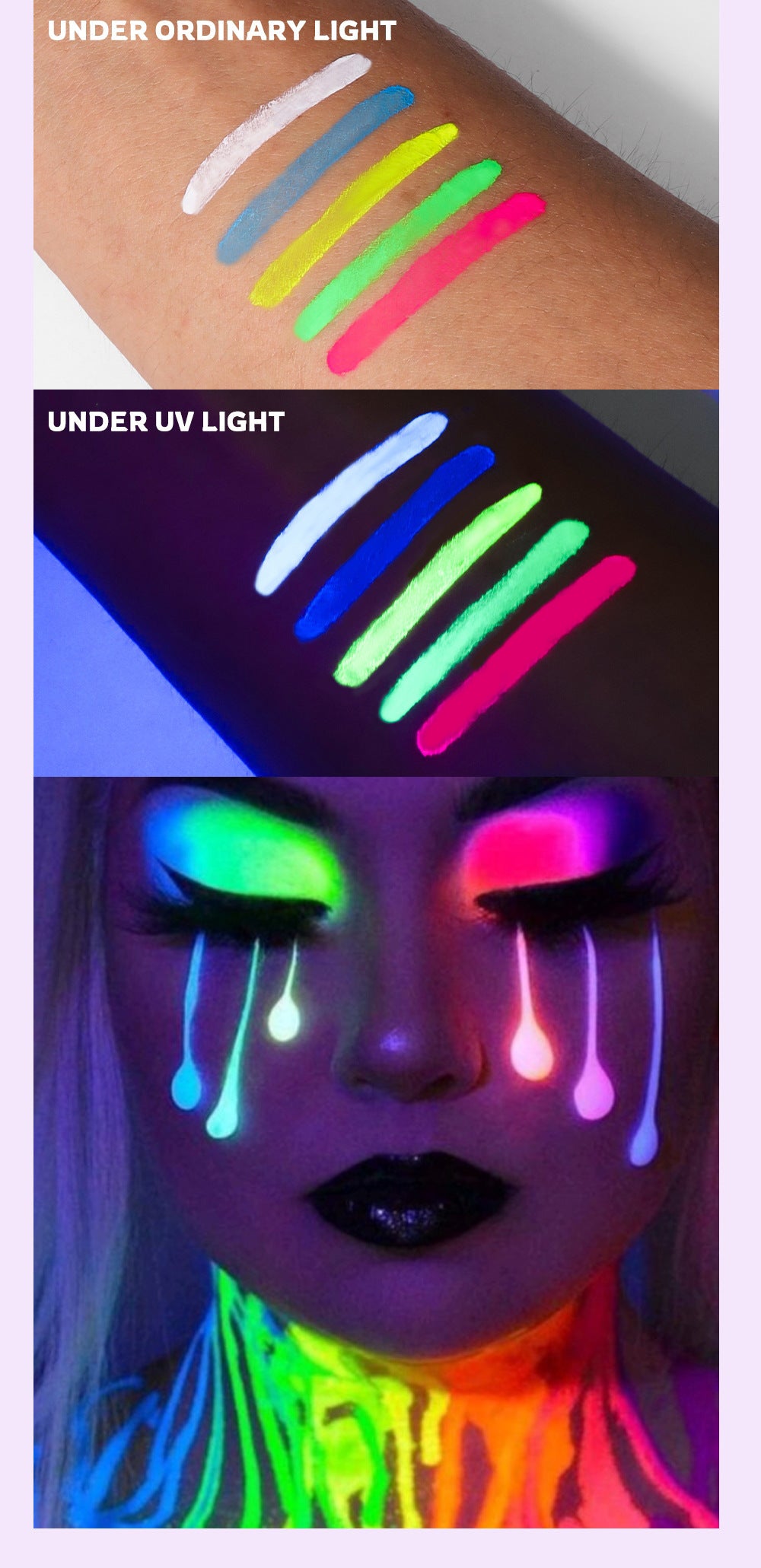 Water-Activated Face & Body Paint Palette Set – Neon Fluorescent, Glow Under UV and Blacklight, FX Makeup for Face Painting, Blacklight Glow, Eyeliner, and Body Art