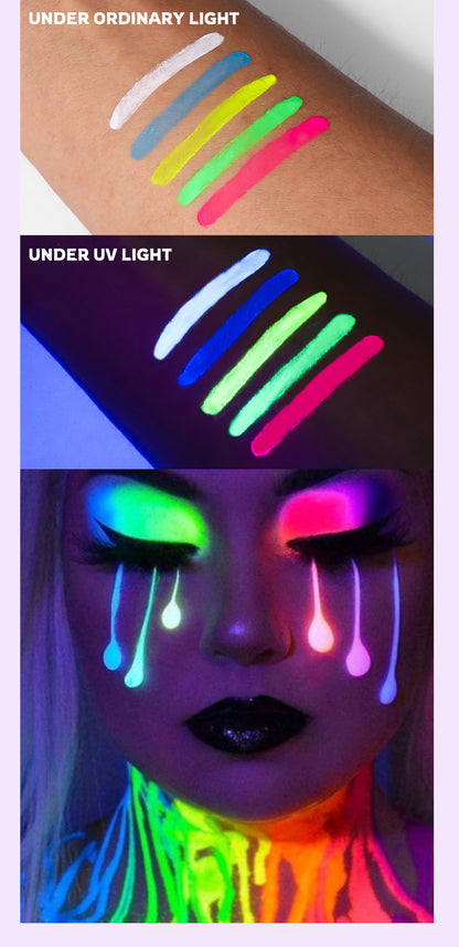Water-Activated Face & Body Paint Palette Set – Neon Fluorescent, Glow Under UV and Blacklight, FX Makeup for Face Painting, Blacklight Glow, Eyeliner, and Body Art