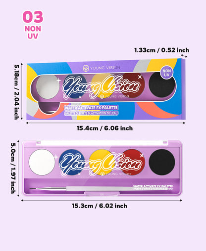 Water-Activated Face & Body Paint Palette Set – Neon Fluorescent, Glow Under UV and Blacklight, FX Makeup for Face Painting, Blacklight Glow, Eyeliner, and Body Art