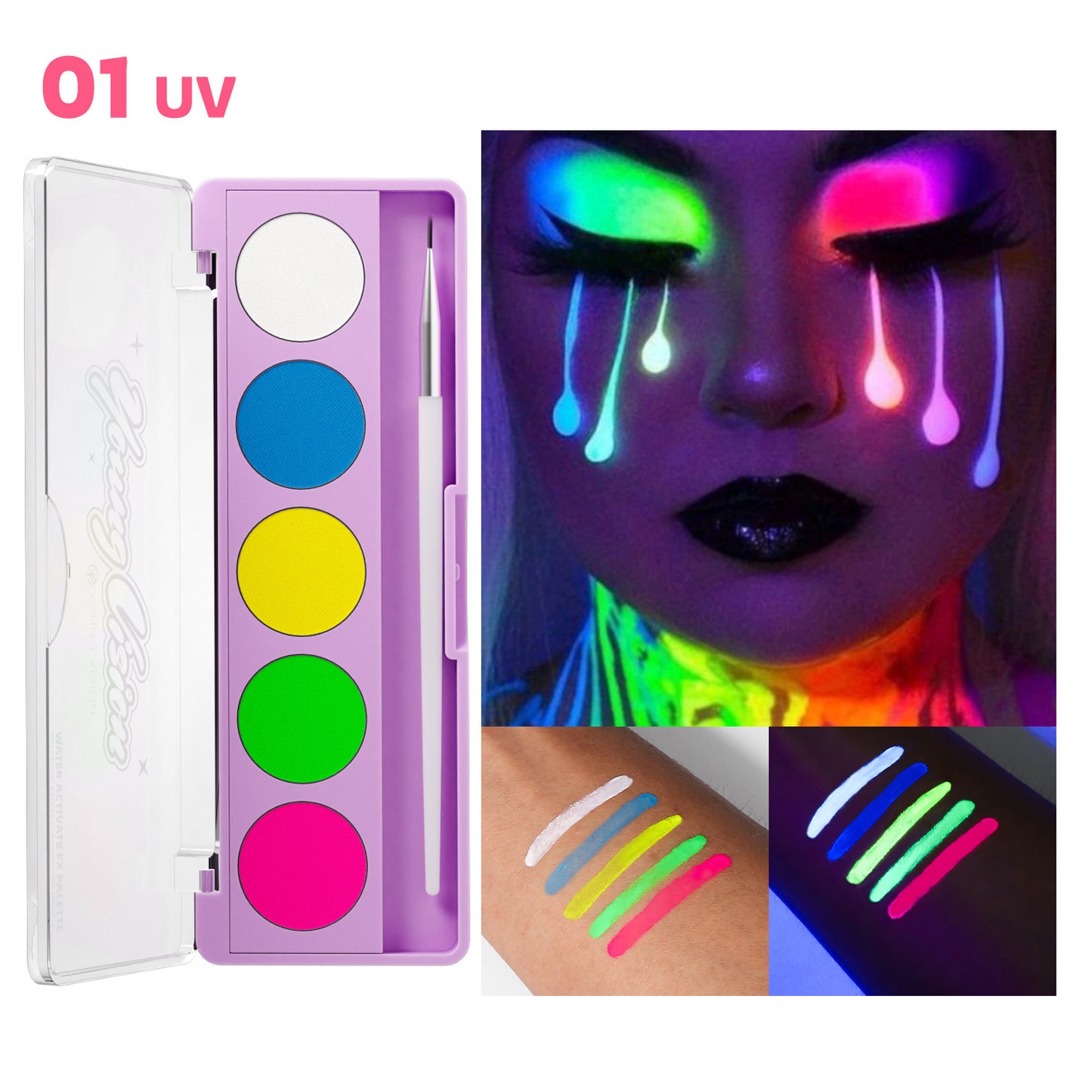 Water-Activated Face & Body Paint Palette Set – Neon Fluorescent, Glow Under UV and Blacklight, FX Makeup for Face Painting, Blacklight Glow, Eyeliner, and Body Art