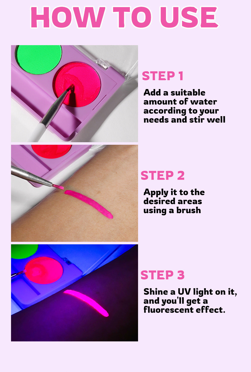 Water-Activated Face & Body Paint Palette Set – Neon Fluorescent, Glow Under UV and Blacklight, FX Makeup for Face Painting, Blacklight Glow, Eyeliner, and Body Art