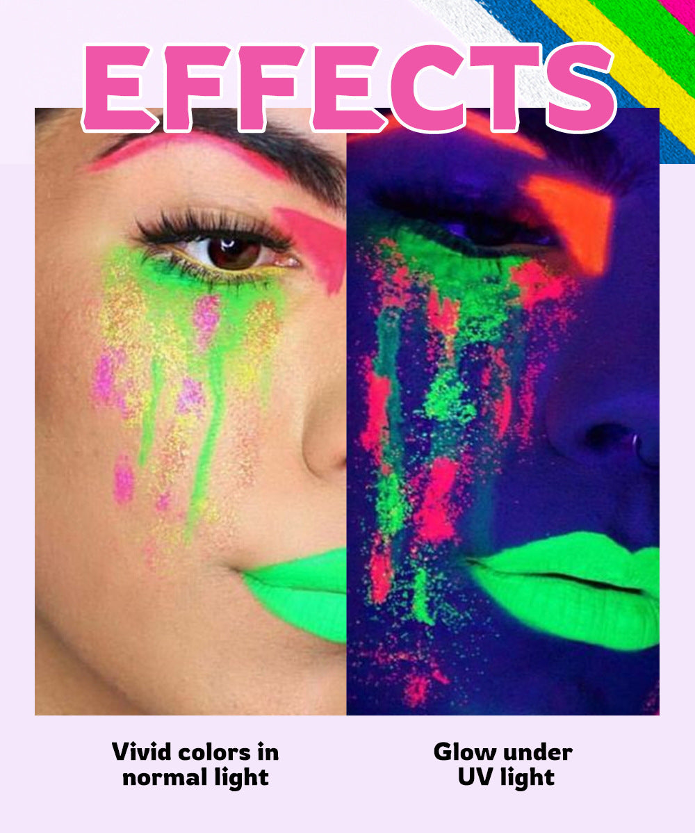 Water-Activated Face & Body Paint Palette Set – Neon Fluorescent, Glow Under UV and Blacklight, FX Makeup for Face Painting, Blacklight Glow, Eyeliner, and Body Art