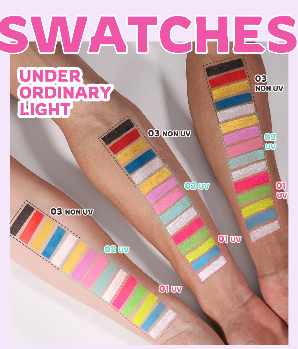 Water-Activated Face & Body Paint Palette Set – Neon Fluorescent, Glow Under UV and Blacklight, FX Makeup for Face Painting, Blacklight Glow, Eyeliner, and Body Art