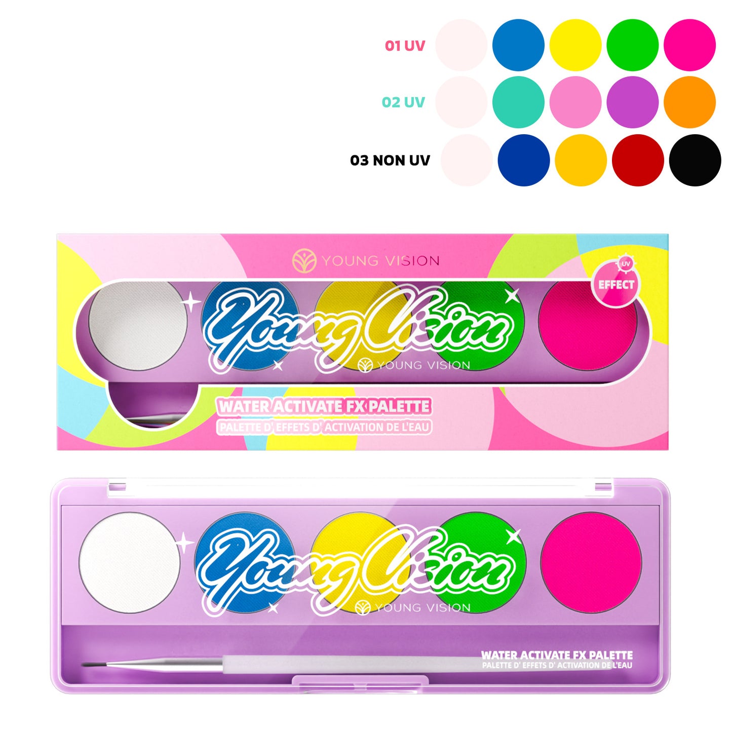 Water-Activated Face & Body Paint Palette Set – Neon Fluorescent, Glow Under UV and Blacklight, FX Makeup for Face Painting, Blacklight Glow, Eyeliner, and Body Art