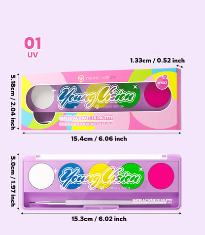 Water-Activated Face & Body Paint Palette Set – Neon Fluorescent, Glow Under UV and Blacklight, FX Makeup for Face Painting, Blacklight Glow, Eyeliner, and Body Art