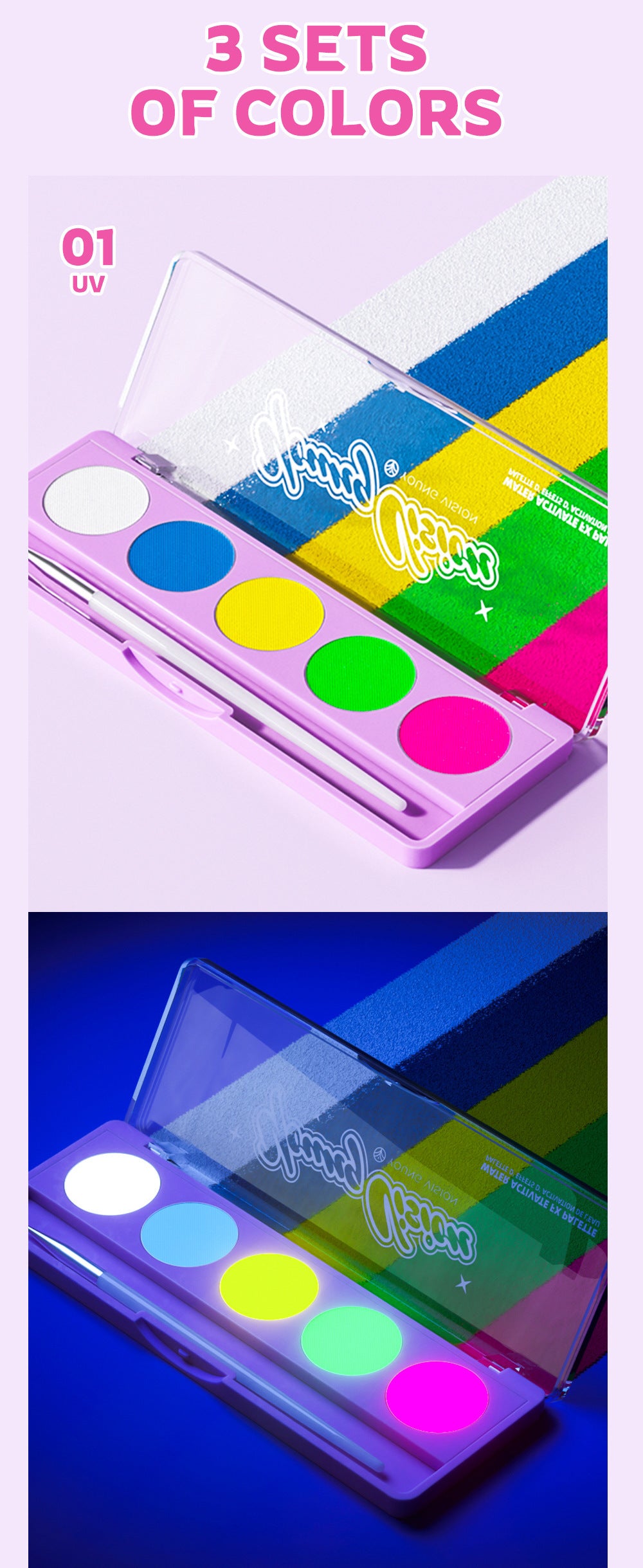 Water-Activated Face & Body Paint Palette Set – Neon Fluorescent, Glow Under UV and Blacklight, FX Makeup for Face Painting, Blacklight Glow, Eyeliner, and Body Art
