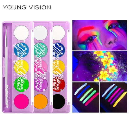 Water-Activated Face & Body Paint Palette Set – Neon Fluorescent, Glow Under UV and Blacklight, FX Makeup for Face Painting, Blacklight Glow, Eyeliner, and Body Art