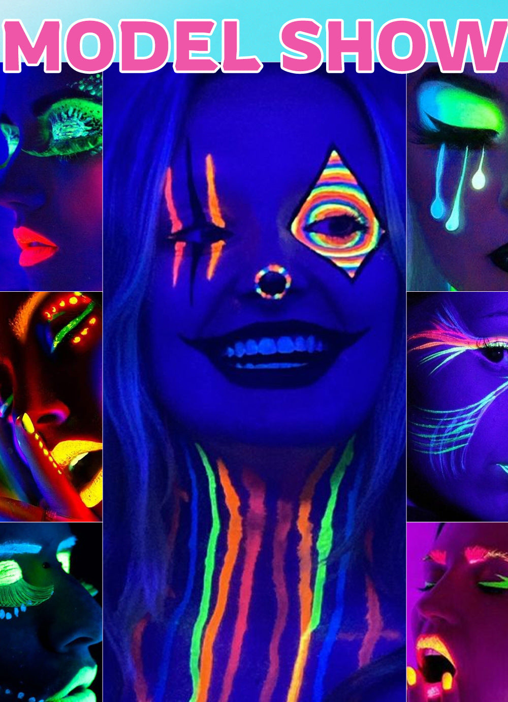 Water-Activated Face & Body Paint Palette Set – Neon Fluorescent, Glow Under UV and Blacklight, FX Makeup for Face Painting, Blacklight Glow, Eyeliner, and Body Art