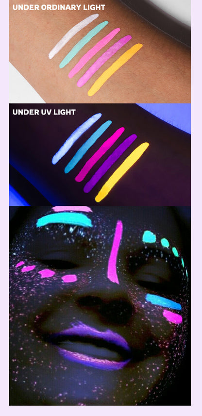 Water-Activated Face & Body Paint Palette Set – Neon Fluorescent, Glow Under UV and Blacklight, FX Makeup for Face Painting, Blacklight Glow, Eyeliner, and Body Art