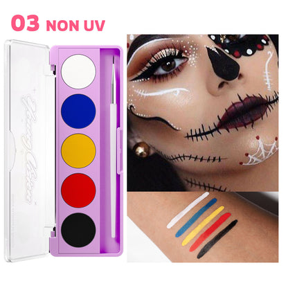 Water-Activated Face & Body Paint Palette Set – Neon Fluorescent, Glow Under UV and Blacklight, FX Makeup for Face Painting, Blacklight Glow, Eyeliner, and Body Art