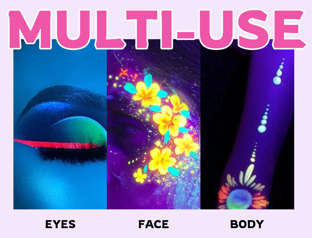 Water-Activated Face & Body Paint Palette Set – Neon Fluorescent, Glow Under UV and Blacklight, FX Makeup for Face Painting, Blacklight Glow, Eyeliner, and Body Art