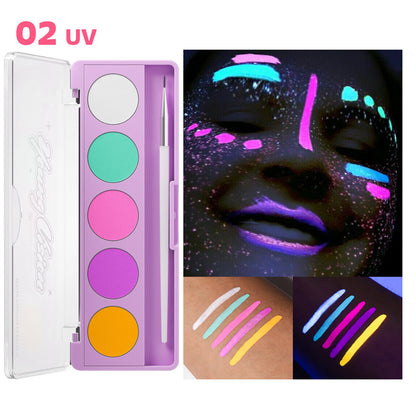 Water-Activated Face & Body Paint Palette Set – Neon Fluorescent, Glow Under UV and Blacklight, FX Makeup for Face Painting, Blacklight Glow, Eyeliner, and Body Art