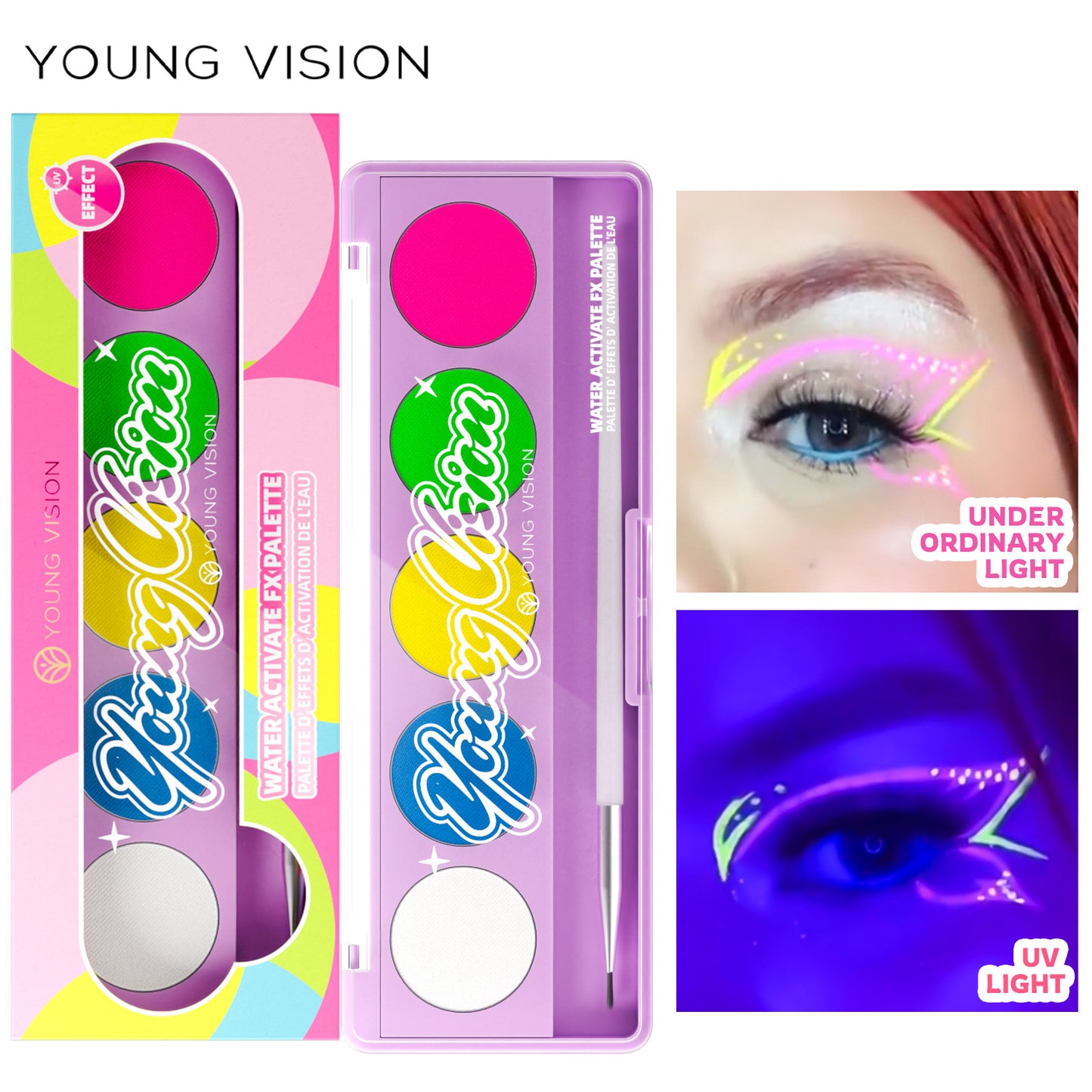 Water-Activated Face & Body Paint Palette Set – Neon Fluorescent, Glow Under UV and Blacklight, FX Makeup for Face Painting, Blacklight Glow, Eyeliner, and Body Art