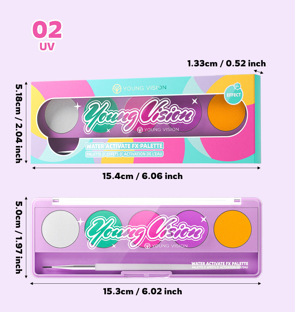 Water-Activated Face & Body Paint Palette Set – Neon Fluorescent, Glow Under UV and Blacklight, FX Makeup for Face Painting, Blacklight Glow, Eyeliner, and Body Art