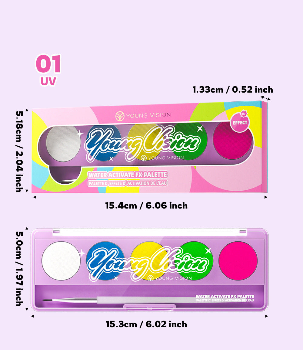 Water-Activated Face & Body Paint Palette Set – Neon Fluorescent, Glow Under UV and Blacklight, FX Makeup for Face Painting, Blacklight Glow, Eyeliner, and Body Art