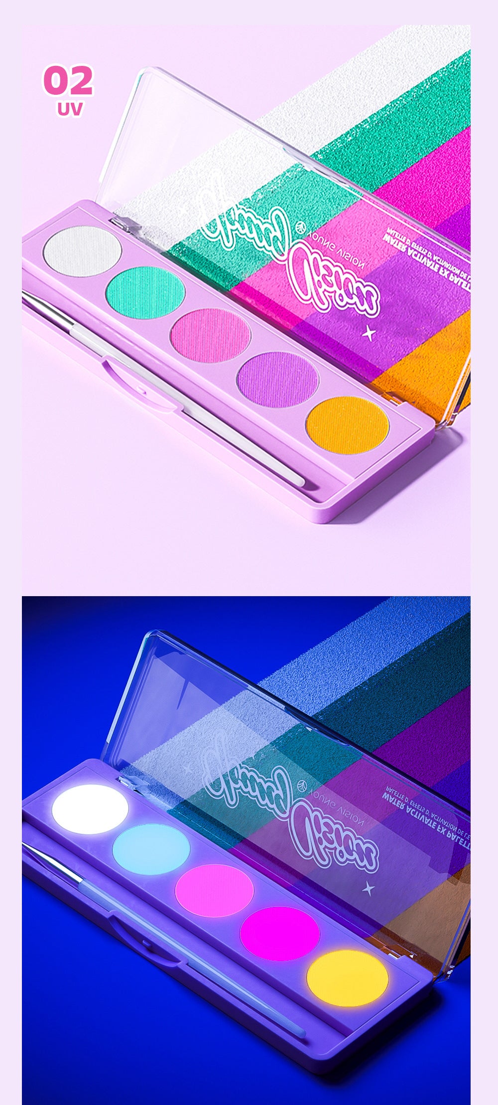 Water-Activated Face & Body Paint Palette Set – Neon Fluorescent, Glow Under UV and Blacklight, FX Makeup for Face Painting, Blacklight Glow, Eyeliner, and Body Art