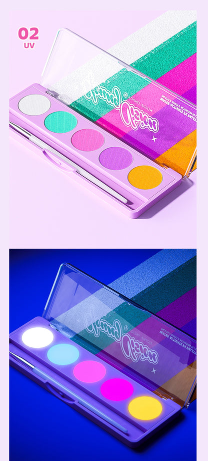Water-Activated Face & Body Paint Palette Set – Neon Fluorescent, Glow Under UV and Blacklight, FX Makeup for Face Painting, Blacklight Glow, Eyeliner, and Body Art